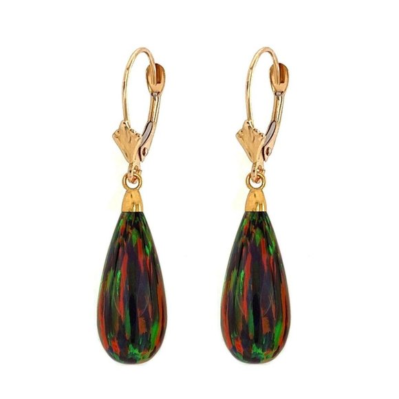 14K Yellow Gold Teardrop Black Fire Opal Lever back Dangle Earrings 1.5"